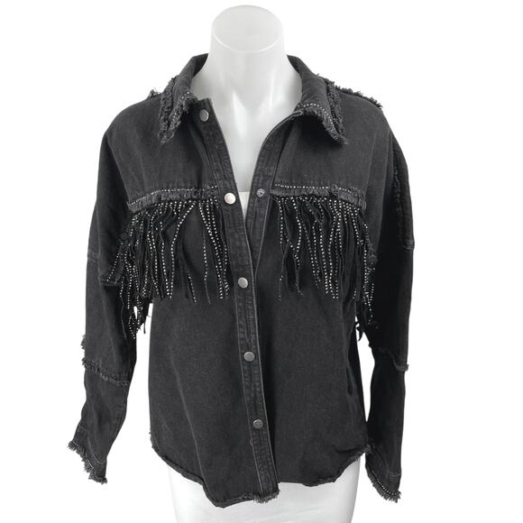 Zara Black Bejeweled Rhinestones Fringe Distressed Denim Jeans Coat Jacket Sz S - Picture 1 of 5